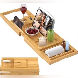 Luxury Bathtub Caddy Tray Tub Foldable Bamboo Bath Table Tablet Holder